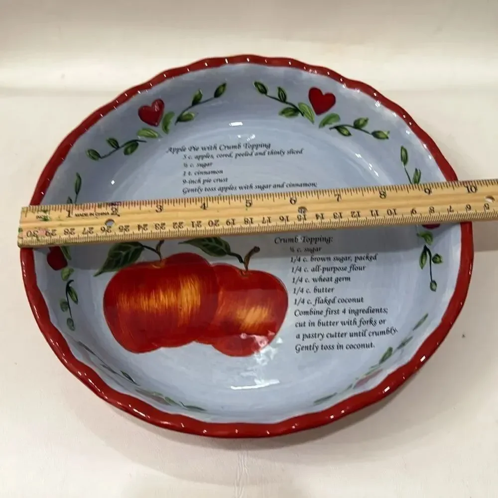 Pie Dish Red Blue Ceramic Baking Serving Cookware Recipe 9 3/4 X 1 3/4 In Tall